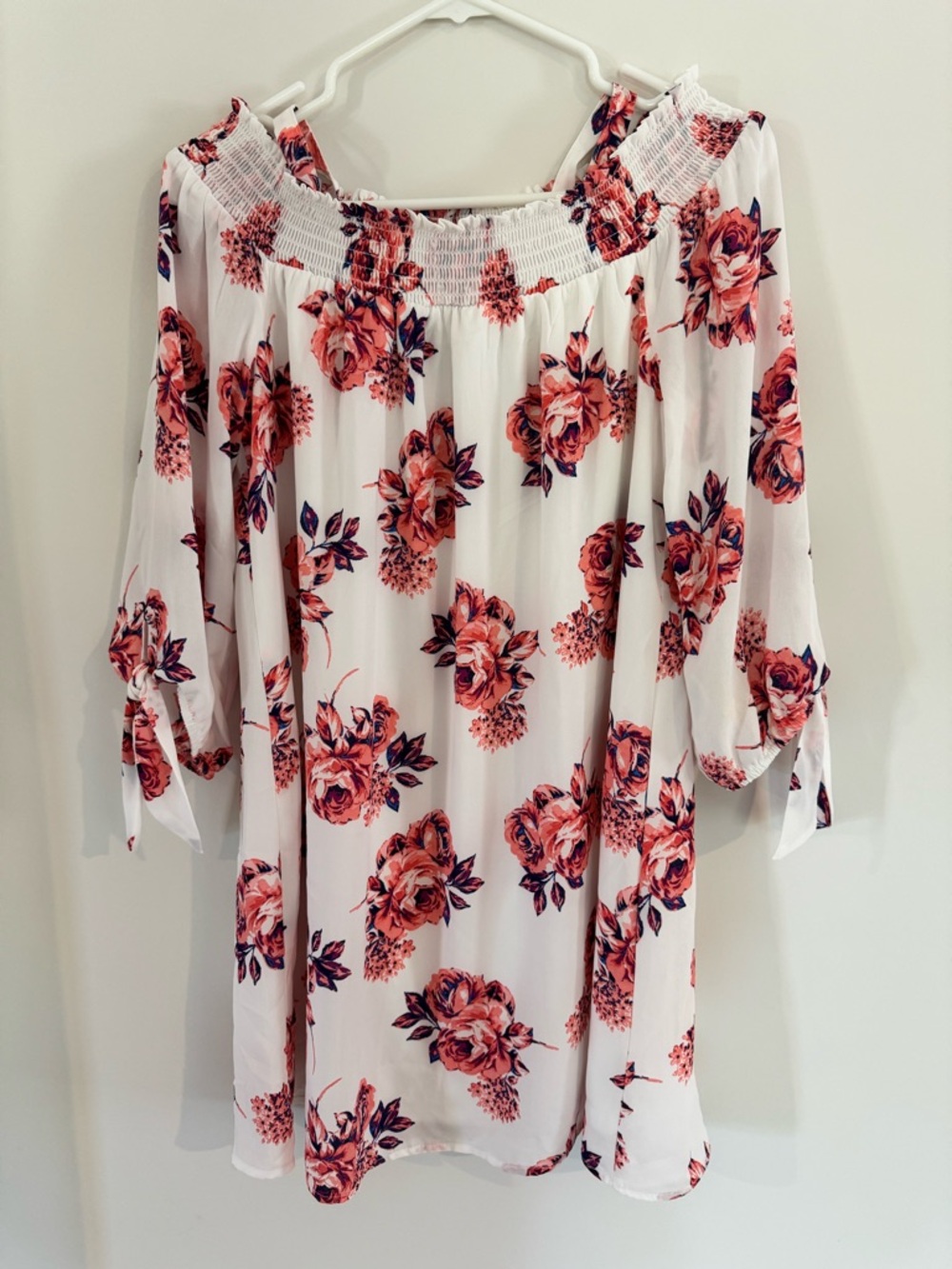 Lily Rose Floral Off-Shoulder Smocked Dress - White with Pink Roses